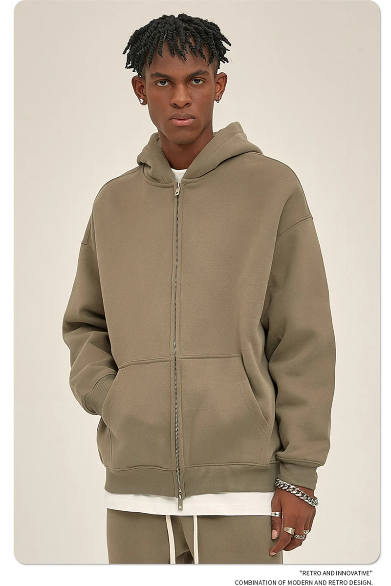 ZODF New Men Double Headed Zipper Fleece Hoodies Unisex Loose Basic Solid Warm Hooded Sweatshirts Coats For Winter HY0633