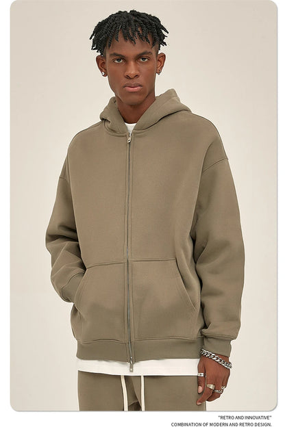 ZODF New Men Double Headed Zipper Fleece Hoodies Unisex Loose Basic Solid Warm Hooded Sweatshirts Coats For Winter HY0633