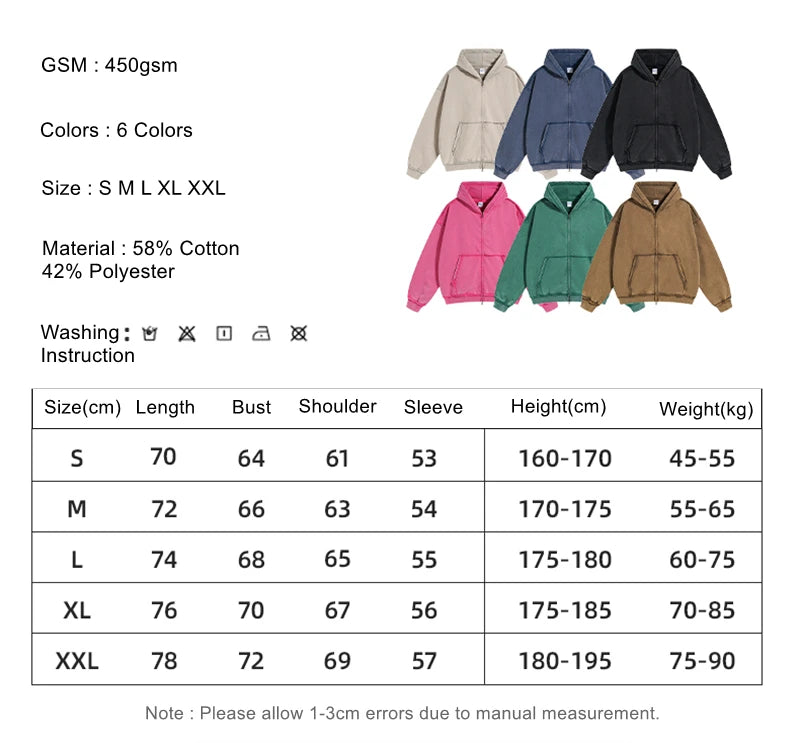 ZODF Retro Men's Heavyweight 450gsm Zipper Hoodies Unisex Loose Distressed Washed Batik Knitted Hooded Coat Jacket HY0889