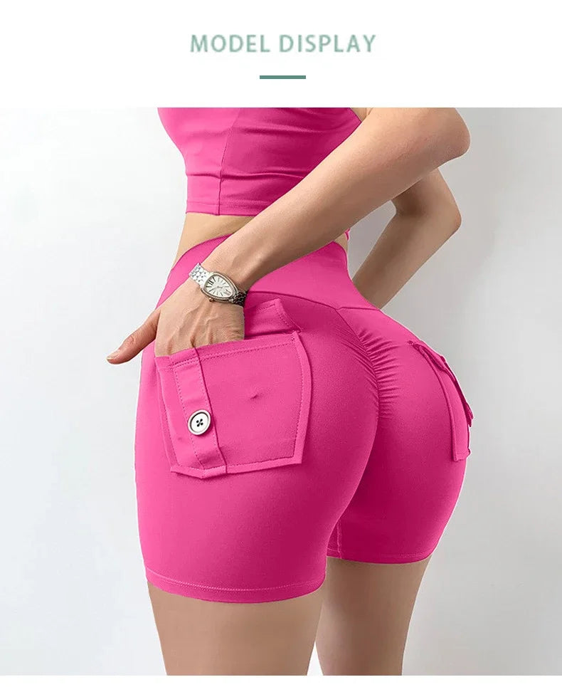 High Waist Yoga Shorts for Women with Pockets Scrunched Butt Push Up Gym Leggings Sexy Fitness Running Tights