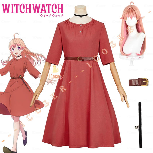 Anime Witch Watch Nico Wakatsuki Cosplay Costume Wig Red Dress Choker Outfit Halloween Party for Women Girls Carnival Props Cos
