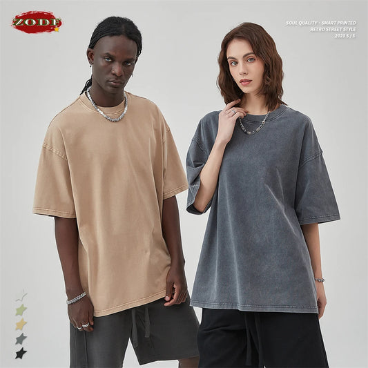 ZODF New Spring Summer Washed Cotton Solid T Shirts For Men Unisex High Street Loose Edge Oversized Noshrink T-Shirt Tee HY0465