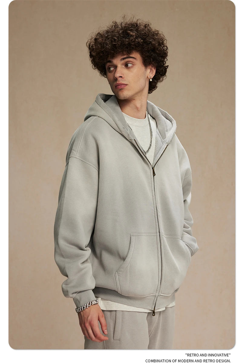 ZODF Retro Winter Men Spray-Dyed Zipper Hoodies Unisex Loose 360gsm Zipper Fleece Hooded Sweatshirt Pullovers Coats HY0719