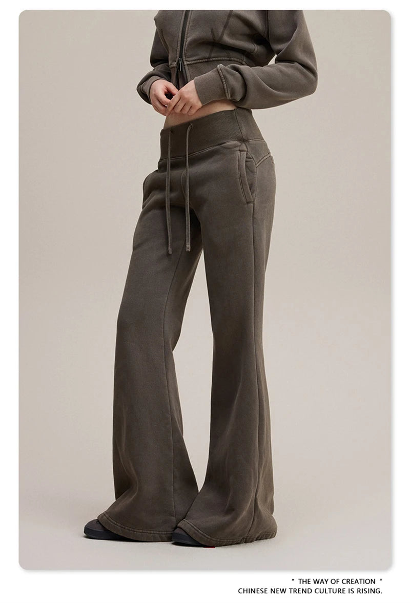 ZODF Retro Winter Women 400gsm Fleece Flared Pants Casual Girls Female Slim Fit Warm Washed Distressed Trousers HY1142