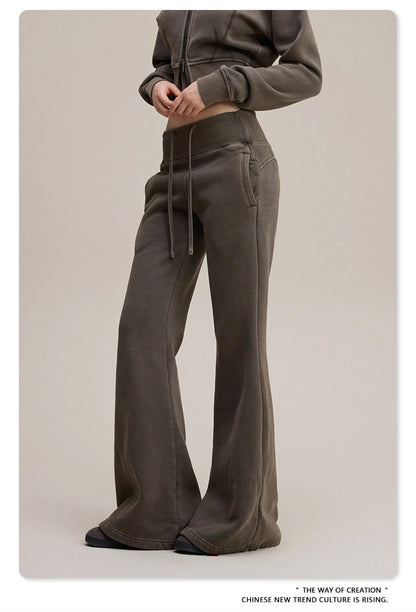ZODF Retro Winter Women 400gsm Fleece Flared Pants Casual Girls Female Slim Fit Warm Washed Distressed Trousers HY1142
