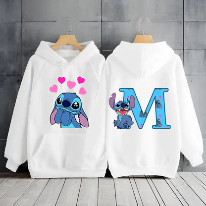 2025 Women's Winter Jacket Cute Kawaii Disney Lilo & Stitch Lucky Letter Print White Hoodie Fashion Couple Streetwear Sportswear