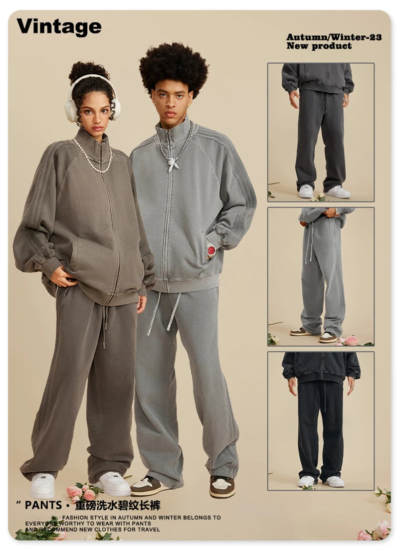 ZODF Fashion Autumn Winter Men Washed 450gsm Pants Unisex High Street Oversized Straight Trousers Streetwears HY0626