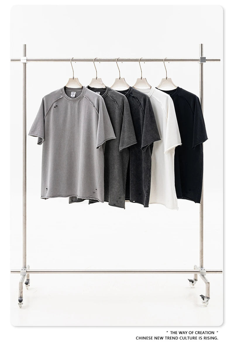 ZODF 2025 Men Summer Heavy Weight Washed 330gsm Cotton T-shirt Unisex High Street Distressed Holes Oversized T Shirts Tee HY0984