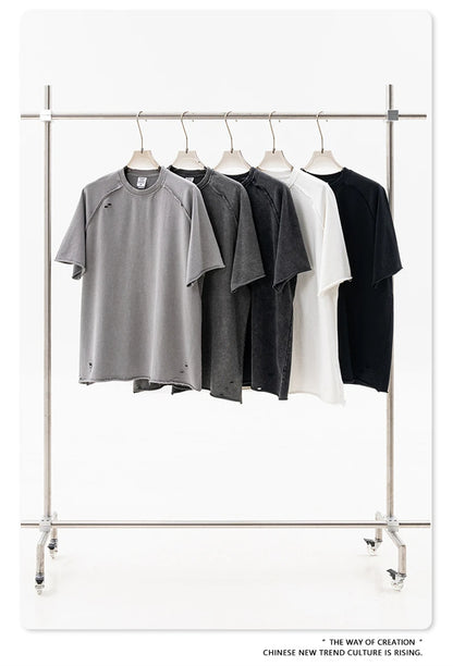 ZODF 2025 Men Summer Heavy Weight Washed 330gsm Cotton T-shirt Unisex High Street Distressed Holes Oversized T Shirts Tee HY0984