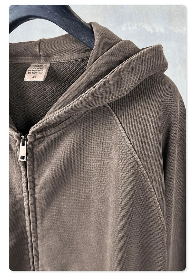 ZODF Heavy Wieght 480gsm Washed Cotton Boxy Zipper Hoodies For Man Unisex Retro Patchwork Off Shoulder Hooded Coats HY1152