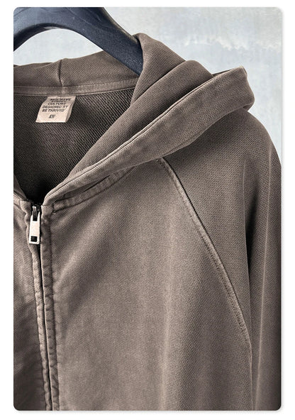 ZODF Heavy Wieght 480gsm Washed Cotton Boxy Zipper Hoodies For Man Unisex Retro Patchwork Off Shoulder Hooded Coats HY1152