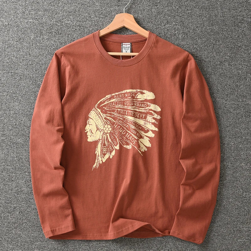 Autumn New American Retro Long Sleeve O-neck Indian Printed T-shirt Men's Fashion 100% Cotton Washed Casual Bottoming Tops