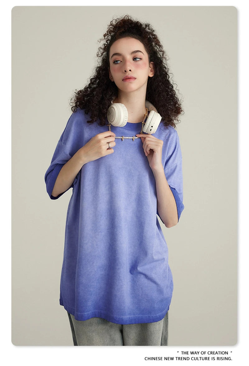 ZODF 2023 Men's Summer 255G Wash Gradient Fried Cotton T Shirt Round Neck Short Sleeve American Retro Loose T-Shirt HY0547