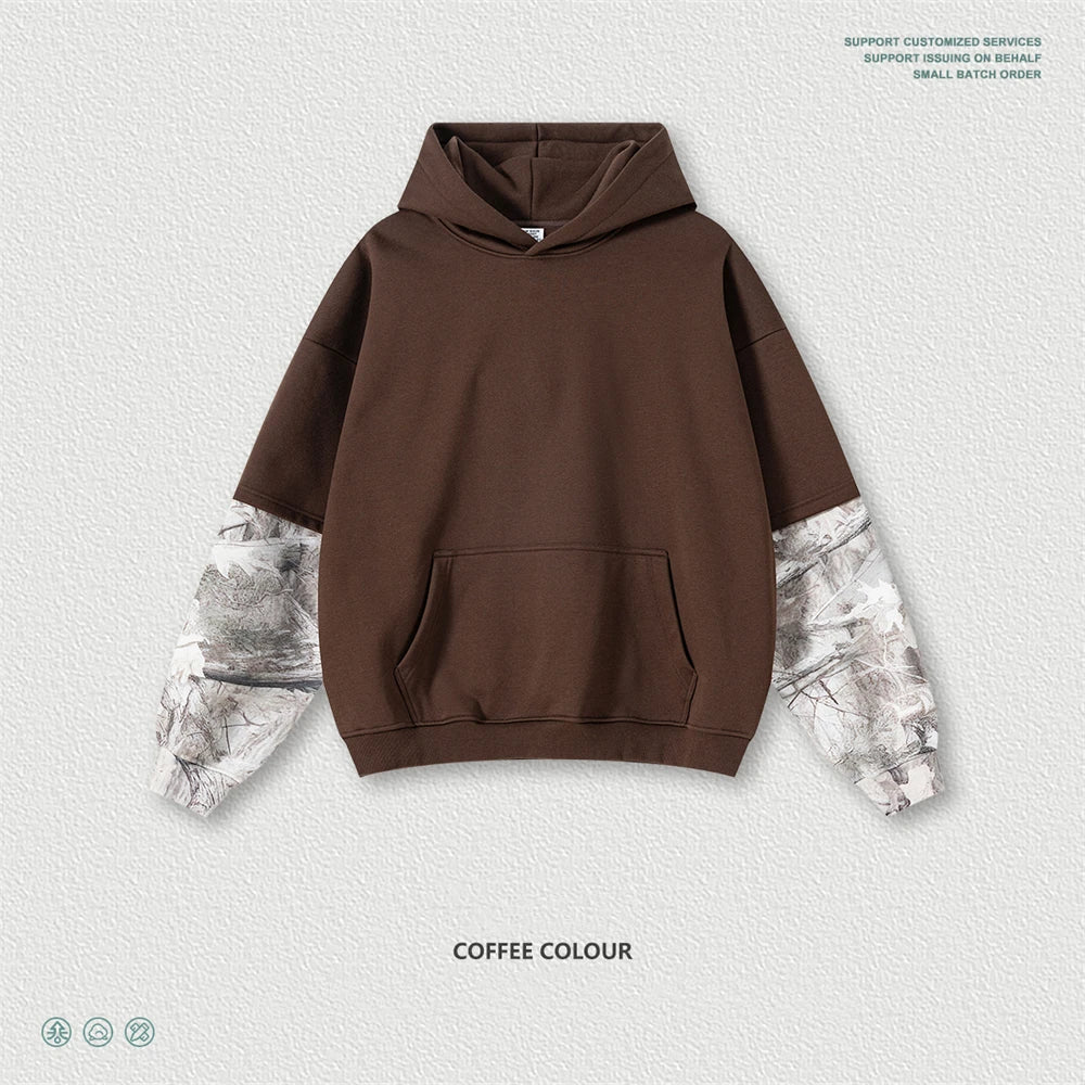 ZODF Fashion Winter Fake 2-Piece 340gsm Fleece Hoodies For Men Unisex High Street Camouflage Sleeve Hooded Pullovers HY1153