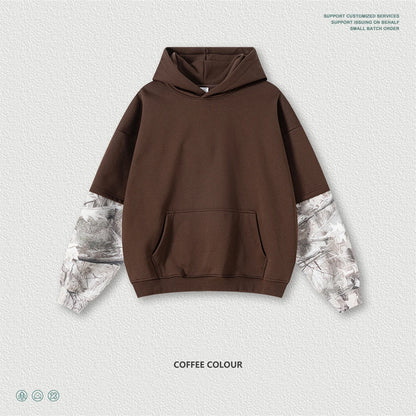 ZODF Fashion Winter Fake 2-Piece 340gsm Fleece Hoodies For Men Unisex High Street Camouflage Sleeve Hooded Pullovers HY1153