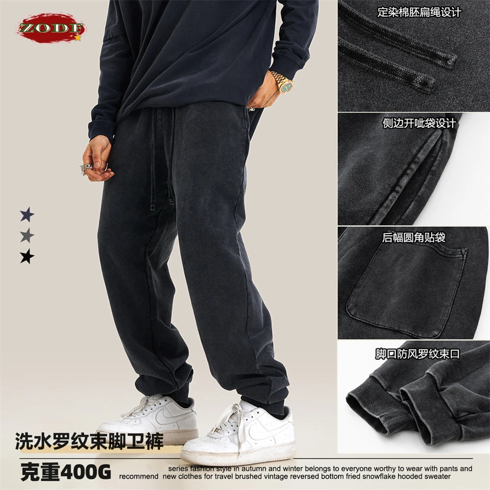 ZODF New Autumn Winter Men Washed 400gsm Sweatpant Unisex Loose Heavyweigh Cotton Sport Joggers Pants Streetwears HY0893