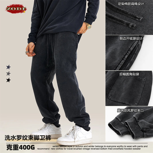 ZODF New Autumn Winter Men Washed 400gsm Sweatpant Unisex Loose Heavyweigh Cotton Sport Joggers Pants Streetwears HY0893