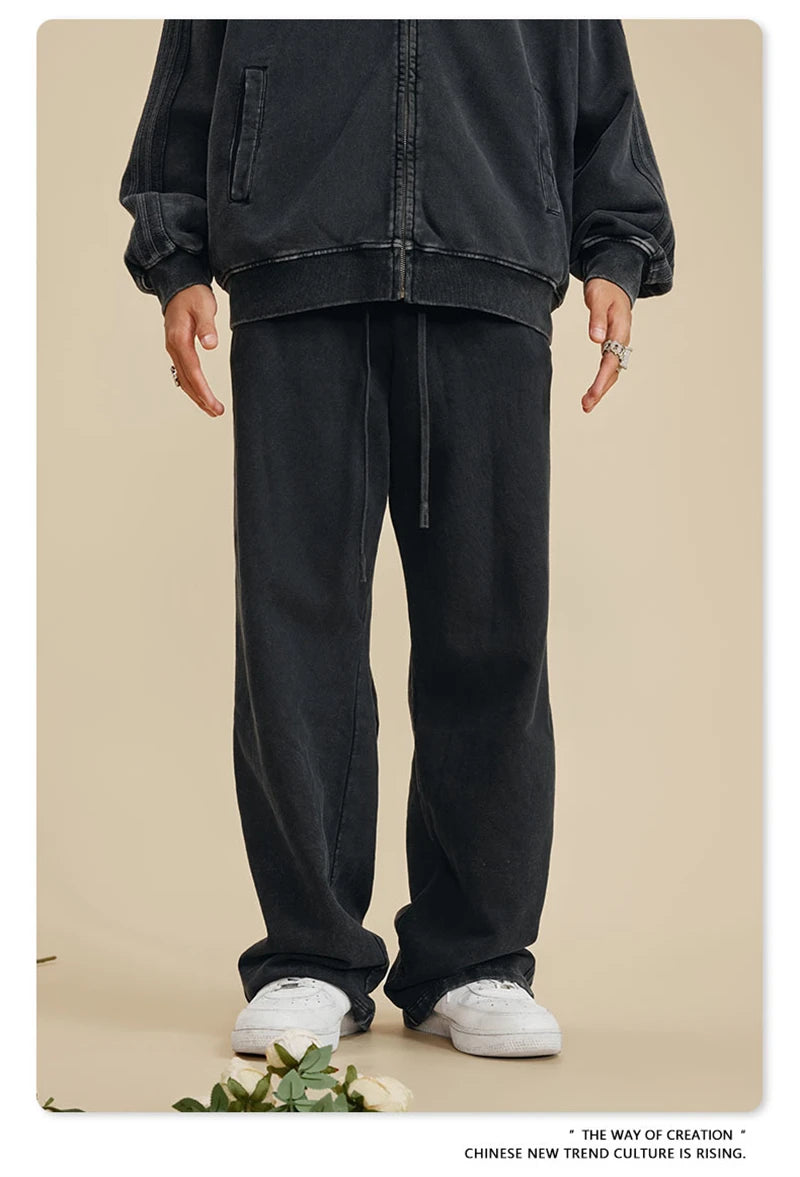 ZODF Fashion Autumn Winter Men Washed 450gsm Pants Unisex High Street Oversized Straight Trousers Streetwears HY0626