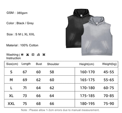 ZODF Summer Autumn Man Washed Sleeveless Hoodies For Men Unisex Loose Edge Distressed 380gsm Cotton Hooded Pullovers HY1097