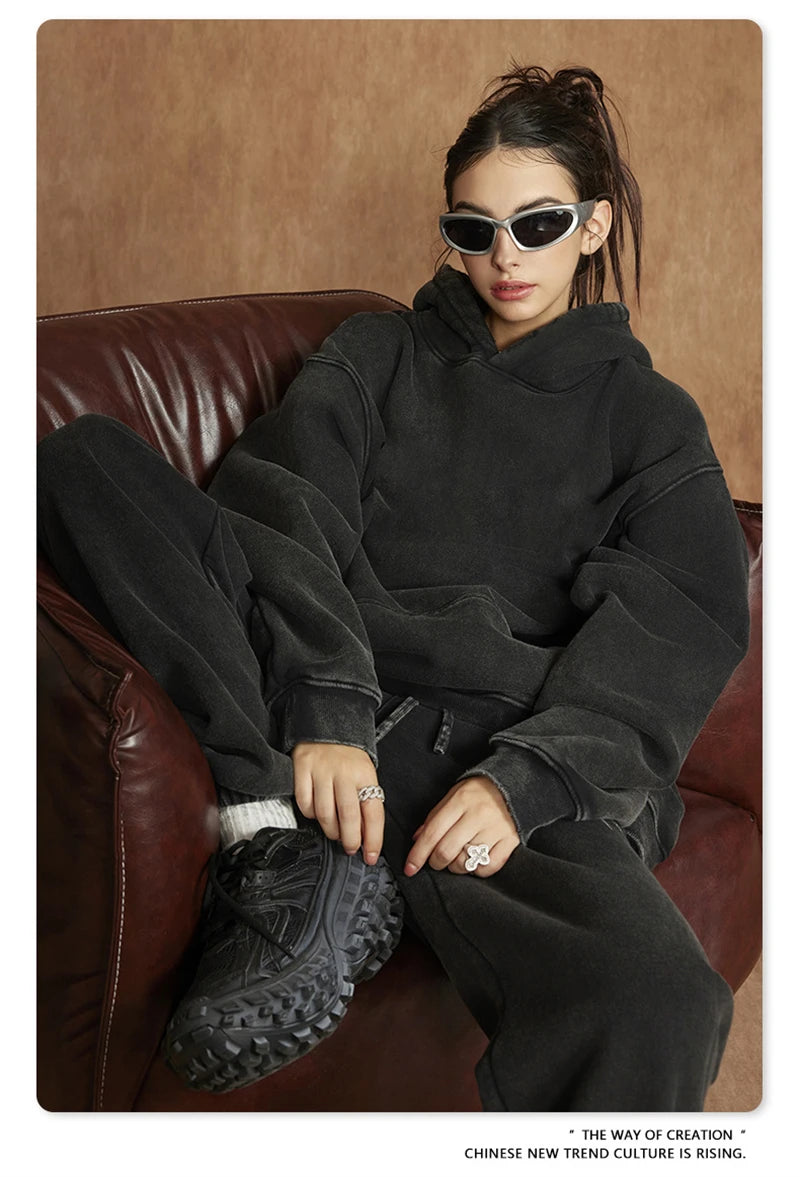 ZODF Winter Autum Men's Washed 400gsm Fleece Hoodies Unisex Couple Retro Oversized Ripped Hooded Sweatshirts Pullovers HY0652