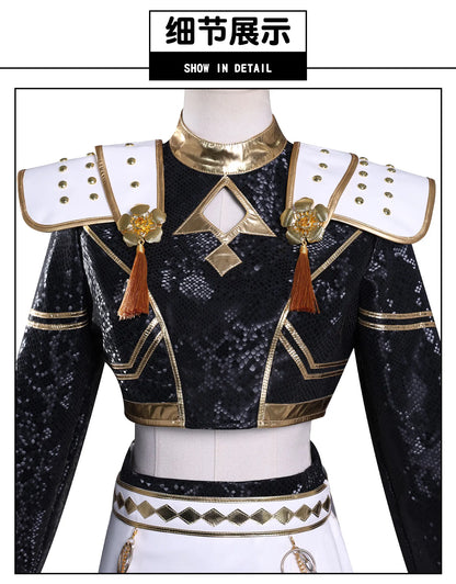 KPop Demon Hunters Zoey Cosplay Costume Black Gold Skirt Huntrix Golden Outfit Earrings Headwear Halloween Party for Women Girls