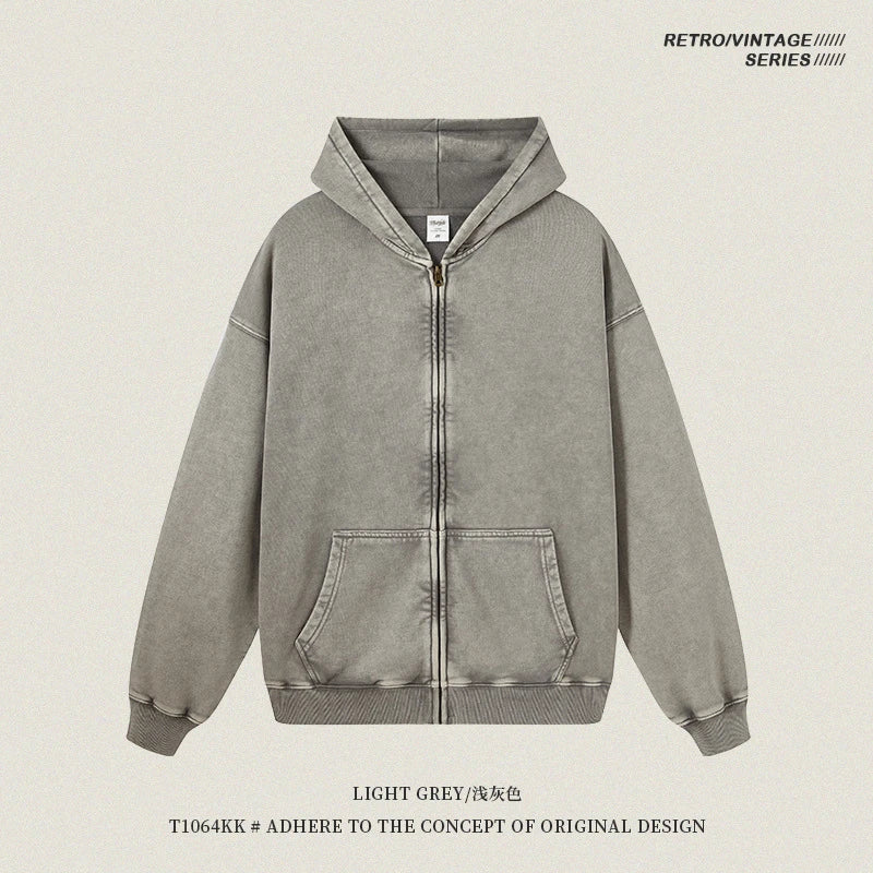 ZODF Retro Autumn Batik Washed 100% Cotton 420gsm Terry Oversized Distressed Zipper Hoodie Unisex HY0936 - Light Grey