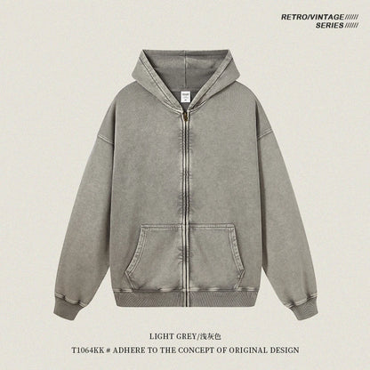 ZODF Retro Autumn Batik Washed 100% Cotton 420gsm Terry Oversized Distressed Zipper Hoodie Unisex HY0936 - Light Grey