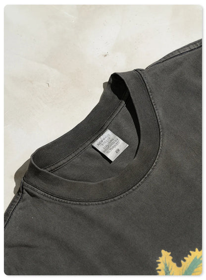 ZODF New Men High Street Washed T-Shirts Unisex Loose Tree Printing 285gsm Cotton O Neck T Shirt For Summer HY0512