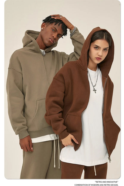 ZODF New Men Double Headed Zipper Fleece Hoodies Unisex Loose Basic Solid Warm Hooded Sweatshirts Coats For Winter HY0633