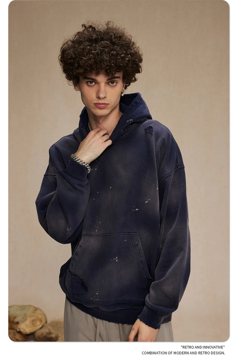 ZODF Autumn Winter Spray Dyeing Ink Splashing Hoodies For Men Unisex 450gsm Washed Oversized Knitted Hooded Pullovers HY0908