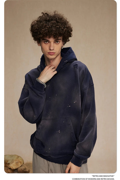ZODF Autumn Winter Spray Dyeing Ink Splashing Hoodies For Men Unisex 450gsm Washed Oversized Knitted Hooded Pullovers HY0908