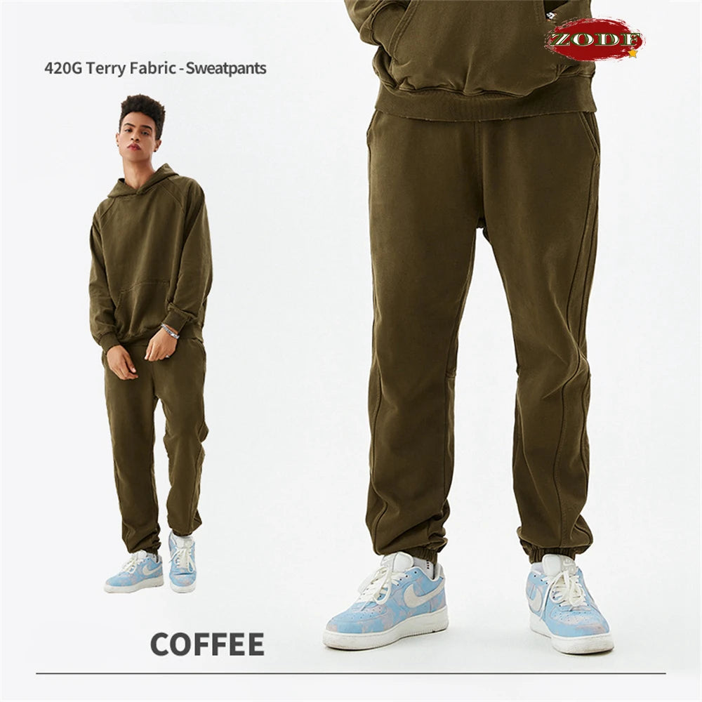 ZODF New Autumn Winter Batik Washed Cotton Sweatpants For Men Unisex Distressed Patchwork Loose 420gsm Sport Jogger Pants HY0724