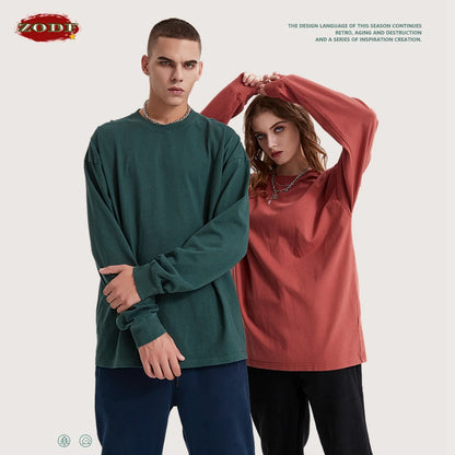 ZODF Retro Autumn Full Sleeve Washed 100% Cotton T-Shirts For Men Unisex Solid Casual Loose 310gsm Tee Brand Tops HY0405