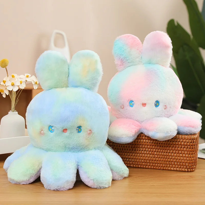 Kawaii Plush Flip Rainbow Cosplay Bunny Octopus Plush Toy Double Side Reversable Rabbit Plushie Peluche Doll  Cuddly Doll