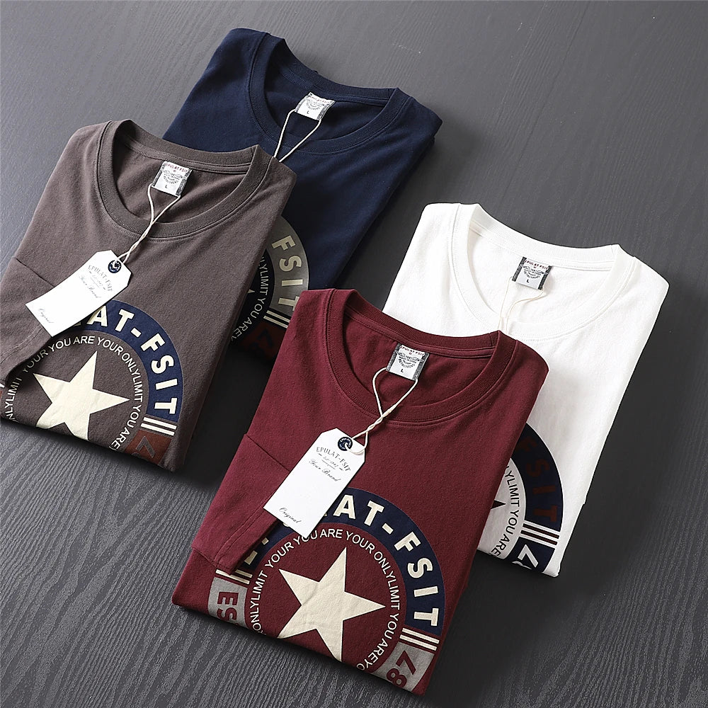 2025 Autumn New American Retro Long-sleeved O-neck Letter Printed T-shirt Men's Fashion 100% Cotton Washed Casual Sport Tops
