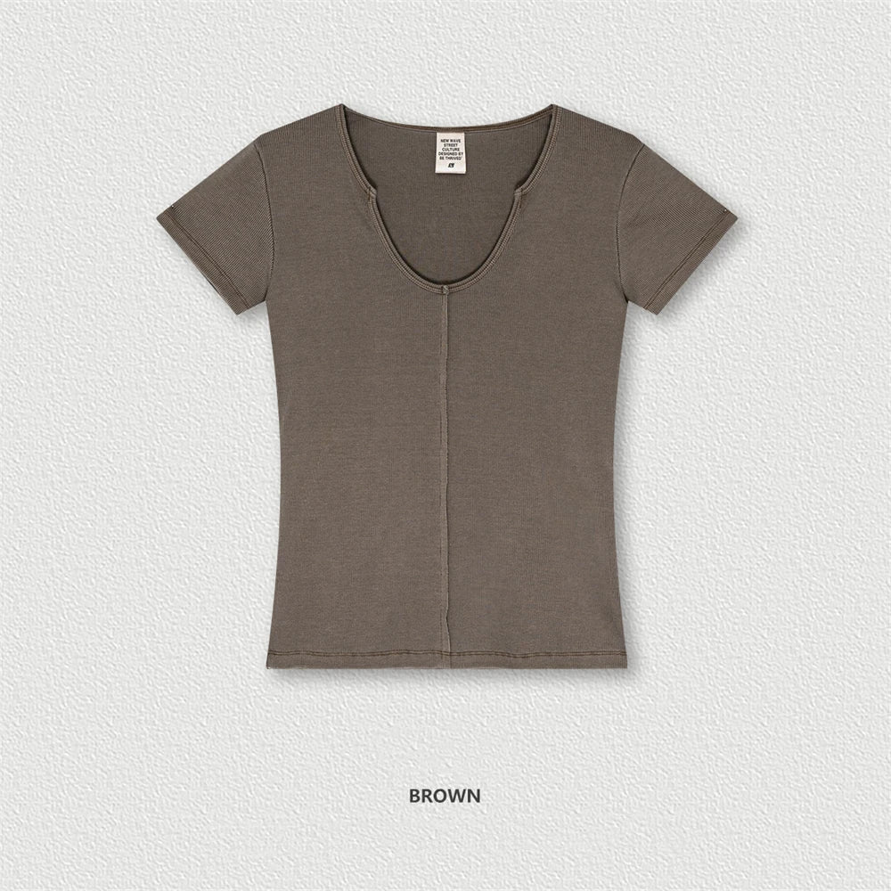 ZODF Women Retro 2025 Summer 275gsm U Collar Washed T-Shirts Hotsweet Girls Sexy Slim Fit T Shirt Brand Tees HY0992