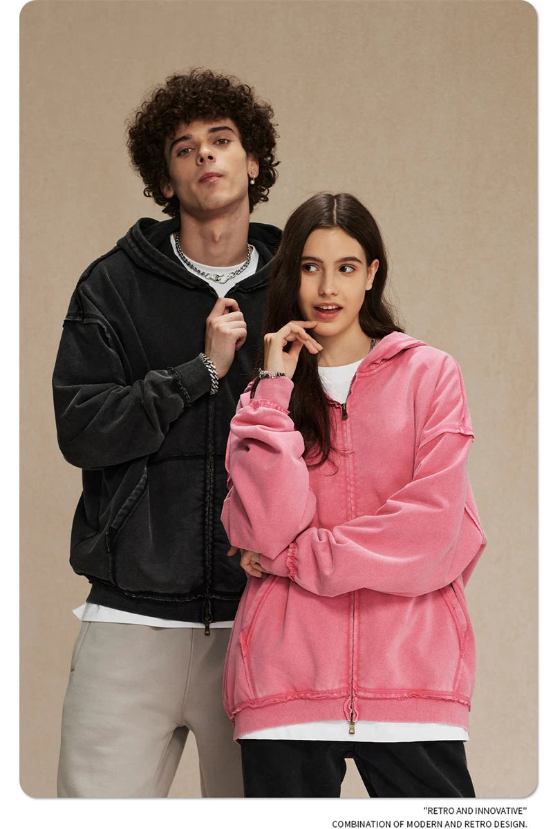 ZODF Retro Men's Heavyweight 450gsm Zipper Hoodies Unisex Loose Distressed Washed Batik Knitted Hooded Coat Jacket HY0889