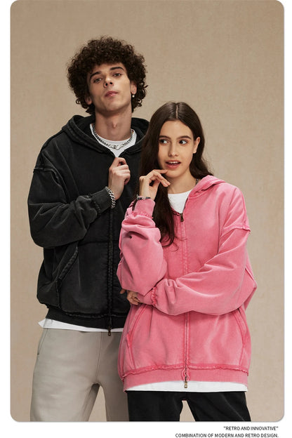 ZODF Retro Men's Heavyweight 450gsm Zipper Hoodies Unisex Loose Distressed Washed Batik Knitted Hooded Coat Jacket HY0889