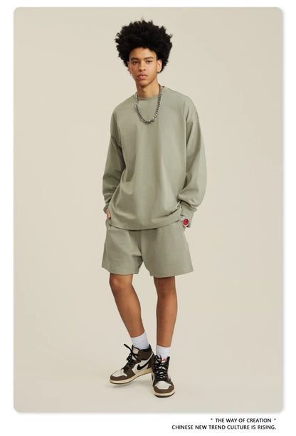 ZODF NEW Autumn Men's Solid Full Sleeve T Shirts Unisex Loose Oversized Casual 305GSM Cotton Basic T-Shirt Brand TEE HY0209