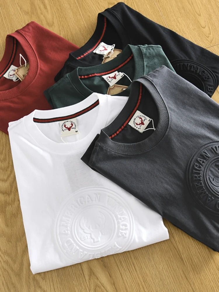 Summer New American Retro Short-sleeved O-neck 3D Printed T-shirt Men's Fashion Simple 100% Cotton Washed Casual Sport Tops