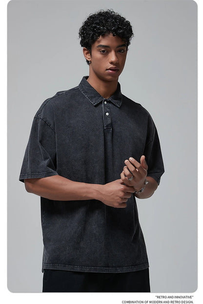 ZODF Summer Men Batik Washed 275gsm Cotton T Shirt Unisex Retro Turn Down Collar Short Sleeve T-shirts Tees HY0533