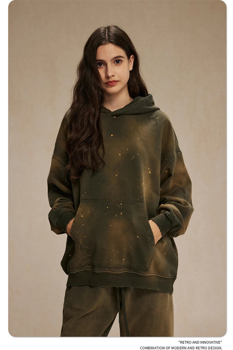 ZODF Autumn Winter Spray Dyeing Ink Splashing Hoodies For Men Unisex 450gsm Washed Oversized Knitted Hooded Pullovers HY0908