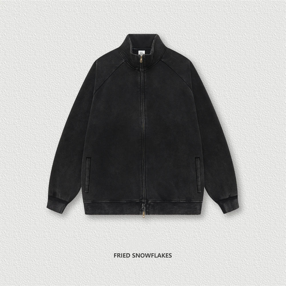 ZODF Retro Winter Men Washed Fleece Zipper Jackets Unisex Loose Oversized 400gsm Raglan Sleeve Coats Streetwears HY0649