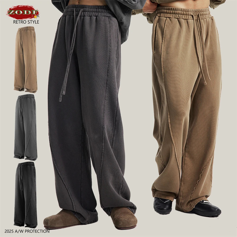 ZODF Retro Autumn Washed Loose Edge 430gsm Cotton Pants For Man Unisex Distressed Old Money Straight Patchwork Trousers HY1105