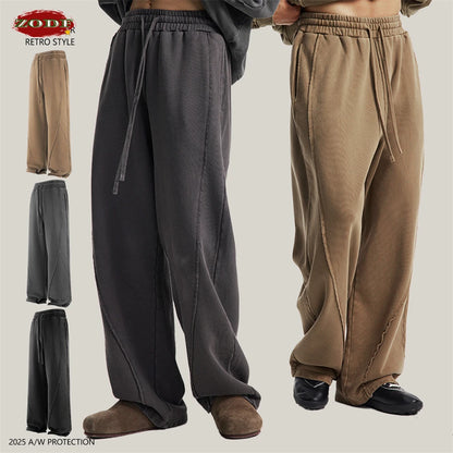 ZODF Retro Autumn Washed Loose Edge 430gsm Cotton Pants For Man Unisex Distressed Old Money Straight Patchwork Trousers HY1105