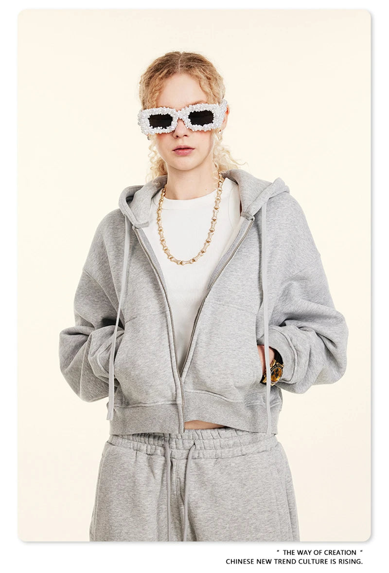 ZODF 2024 Winter Women Zipper Crop Hoodies Female Girls Solid 345gsm Warm Fleece Short Hooded Zip-Up Coat HY0911