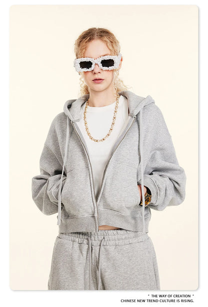 ZODF 2024 Winter Women Zipper Crop Hoodies Female Girls Solid 345gsm Warm Fleece Short Hooded Zip-Up Coat HY0911