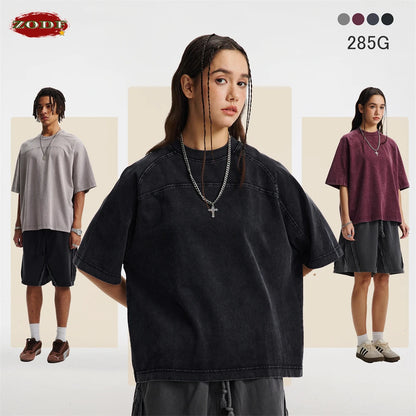 ZODF Retro 2025 Men Summer Batik Washed Cotton T-Shirts Unisex High Street Raglan Sleeve Patchwork T Shirt Brand Tees HY1062