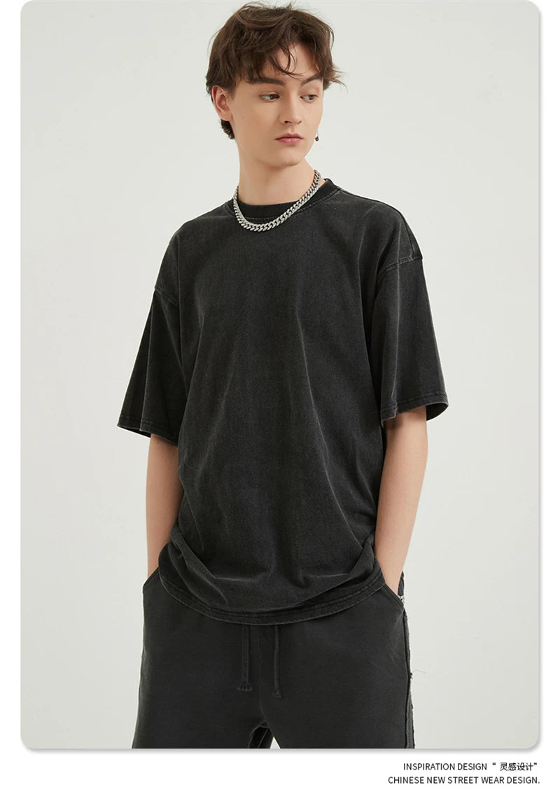 ZODF Men 2024 Retro Summer Washed Solid Cotton T-Shirts Unisex Retro Loose High Street 250gsm Basic Tees Streerwears HY0075