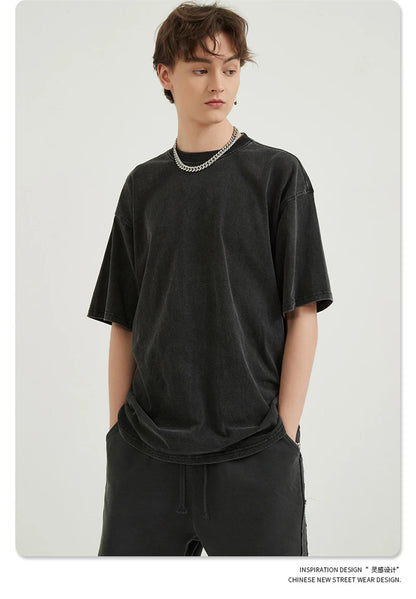 ZODF Men 2024 Retro Summer Washed Solid Cotton T-Shirts Unisex Retro Loose High Street 250gsm Basic Tees Streerwears HY0075